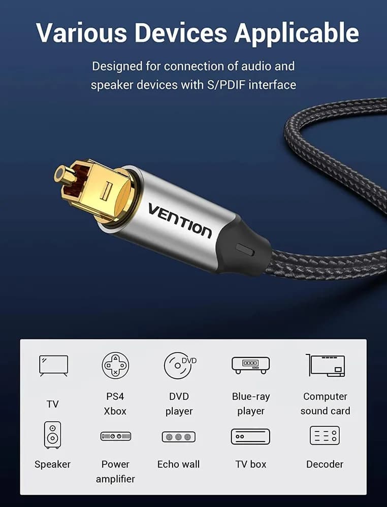 Cablu optic audio Vention, S/PDIF (T) la S/PDIF (T), 5.1 canale, 1.5m, conectori auriti, gri, "BAVHG" — miniatură