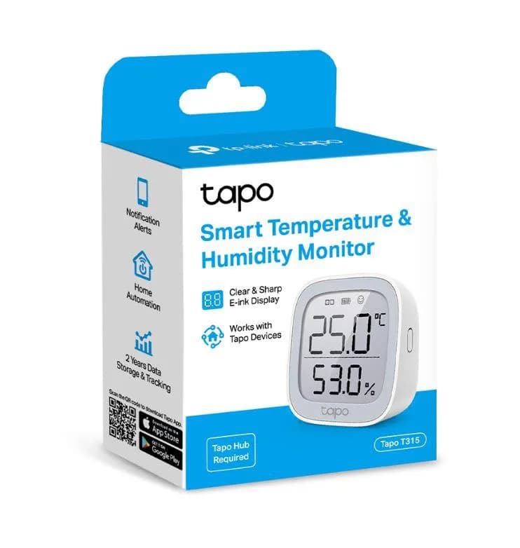 TP-LINK TAPO T315, Monitor smart de temperature si umiditate (necesită Hub Tapo), Wireless: 868 / 922 MHz, Acuratete temperature: ±0.3°C, Acuratete umiditate: ±3%RH, Dimensiuni: 62 × 62 × 24.5 mm, Alimentare: 2 × AAA/LR03 battery — miniatură