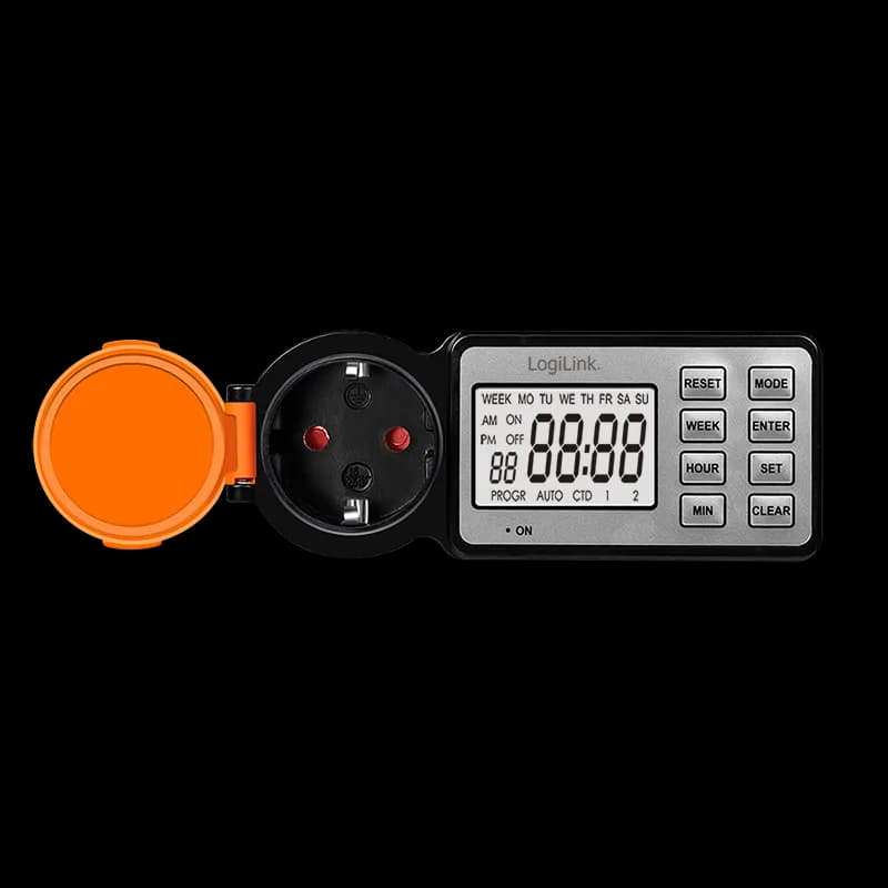 PRELUNGITOR LOGILINK, Schuko x 1, 230 V/16 A, 50 Hz, max. 3500 W, timer, LCD, 8 butoane operare, IP44, de exterior, negru-portocaliu, "ET0016"