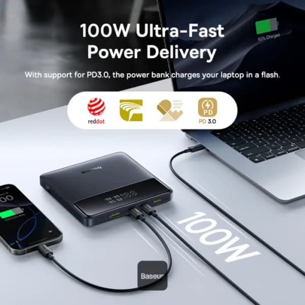 POWER BANK Baseus Blade H1, 20000mAh, PD 100W, ultra thin, 2 x USB; 2 x USB Type-C, display digital pt. status baterie, total 5A, include cablu USB Type-C la USB Type-C, negru, "P10021604123-00" - 6932172682446 — miniatură
