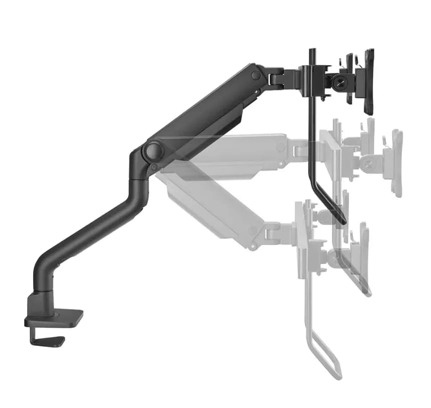 Brat dublu monitor Neomounts DS75S-950BL2; pentru display-uri cu diagonale 17"-32", sistem de prindere VESA 75x75~100x100, greutate maxima suportata 8 - per ecrankg, full motion, tilt 60°, swivel 90°, rotate 180°, distanta fata de perete 204-741mm; gas spring; culoare negru. — miniatură