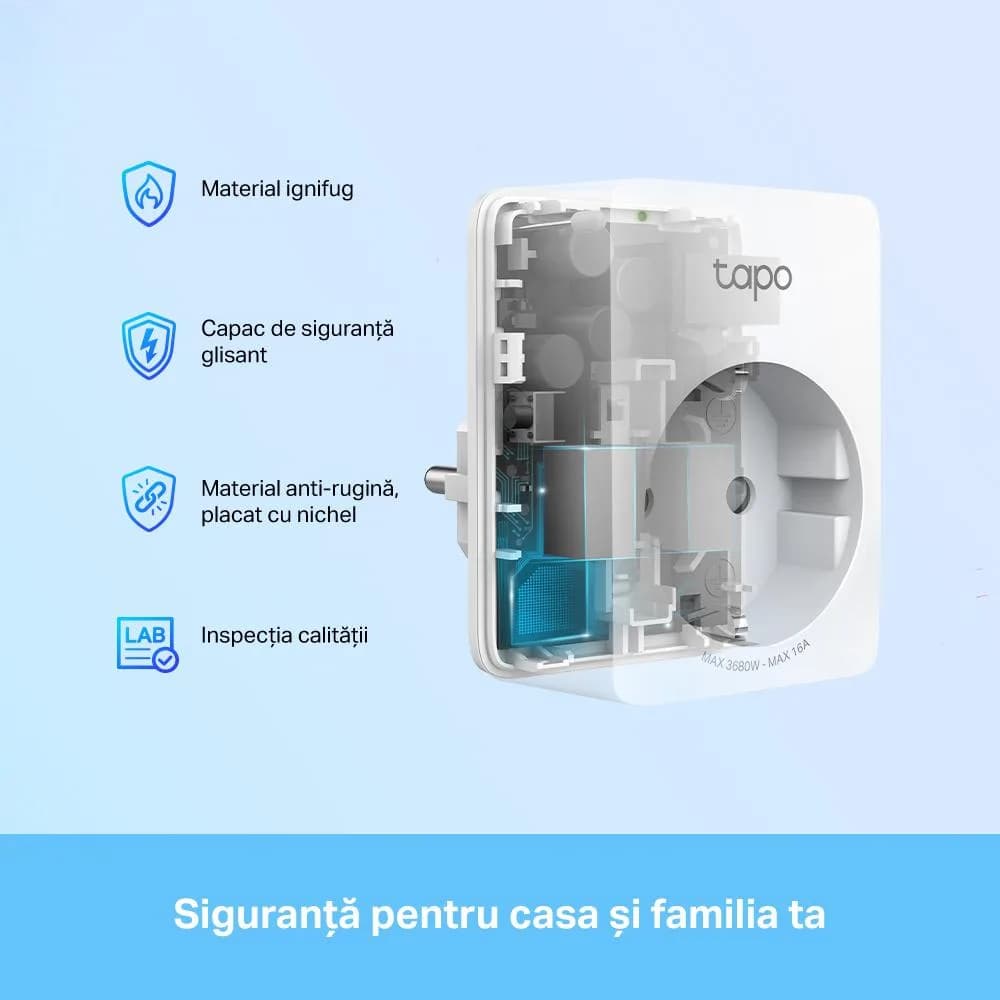 TP-Link MINI SMART WI-FI SOCKET TAPO P110(4-PACK), Protocol: IEEE 802.11b/g/n, Bluetooth 4.2 (doar pentru onboarding), 2.4 GHz, Cerințe de sistem: Android 4.4 sau o versiune mai recentă, iOS 9.0 sau o versiune mai recentă, Cerinte de alimentare: AC 220-240 V~50/60 Hz 10 A. — miniatură