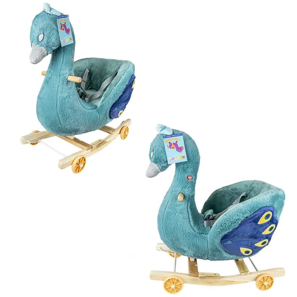 Balansoar pentru bebelusi, Paun, lemn + plus, cu rotile, 66 cm — miniatură
