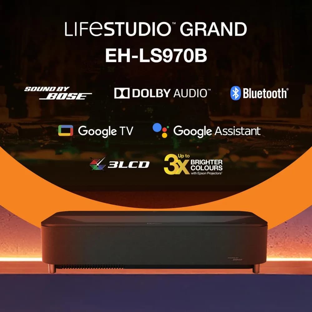 Epson Proiector Lifestudio Grand Plus EH-LS970B - Metallic black, Tehnologie 3LCD, LCD 0.62", 4000 Lumeni, Rezolutie: 4K, Aspect: 16:9, contrast: 5.000.000 : 1, Sursa lumina: Laser, Durata viata: 20.000 ore, Refresh rate: 384 Hz - 480 Hz, Suport HDR, Dimensiune ecran: 80 inchi - 150 inchi, Focus — miniatură