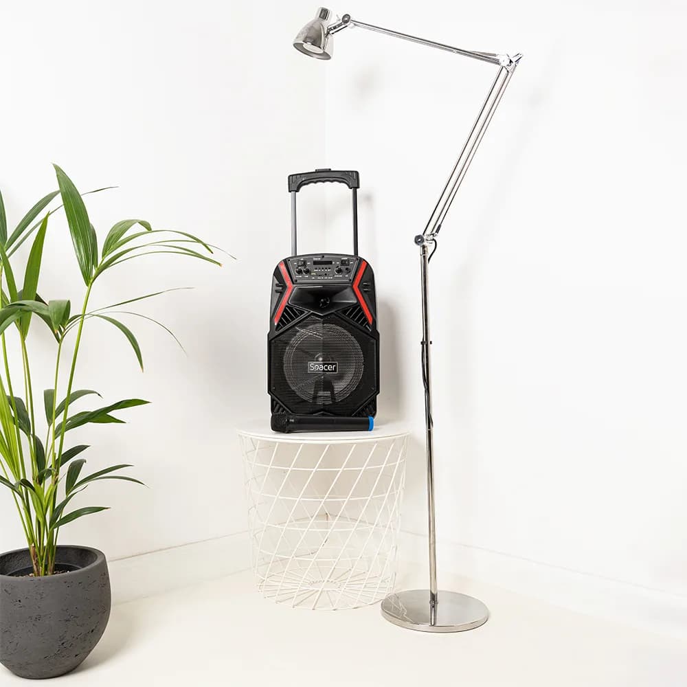 BOXA SPACER portabila bluetooth COUGAR, tip troler, RMS: 35W, 8" woofer, acumulator 3.7V,1800 mAh, input : AUX audio, radio FM, guitar, USB/microSD, remote control, wireless microphone, black, "SPB-H8-BT" 43501597 — miniatură