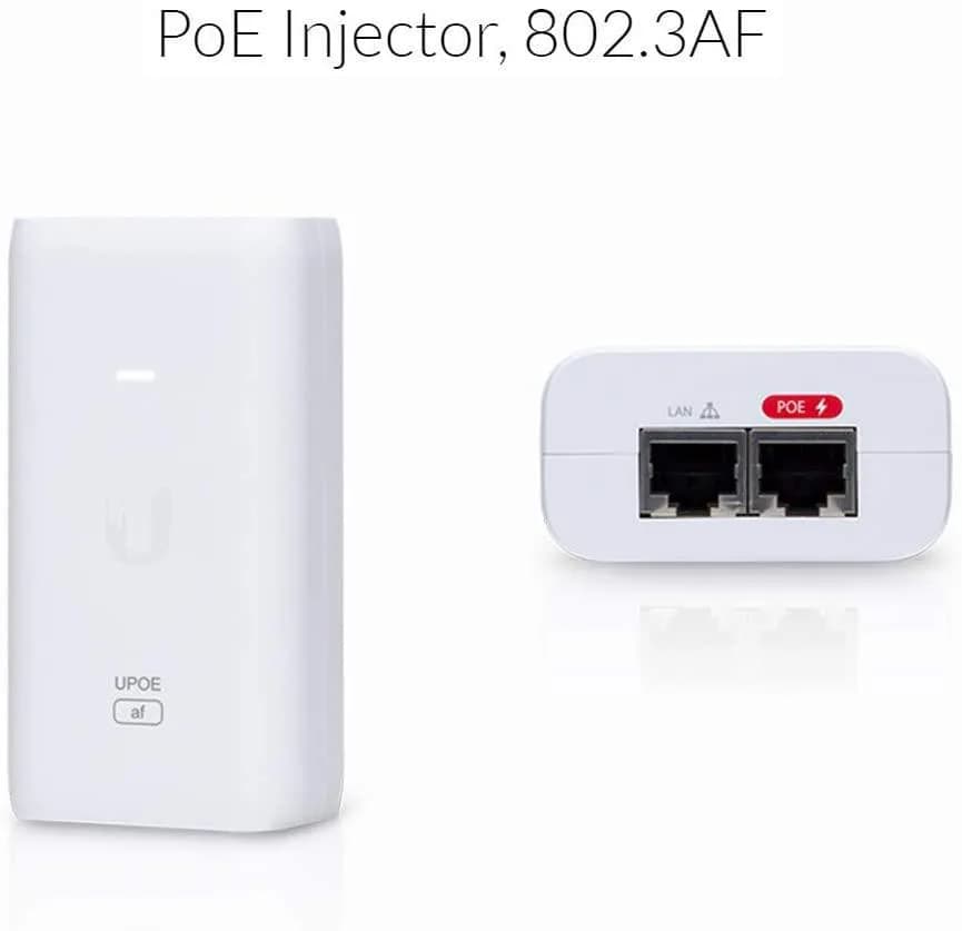 Ubiquiti POE External Injector, U-POE-AF, Output Voltage 48VDC @ 0.32A, Rated Voltage: 100-240VAC @ 50/60Hz, Efficiency 84.25%, Delivers up to 50W of PoE.
