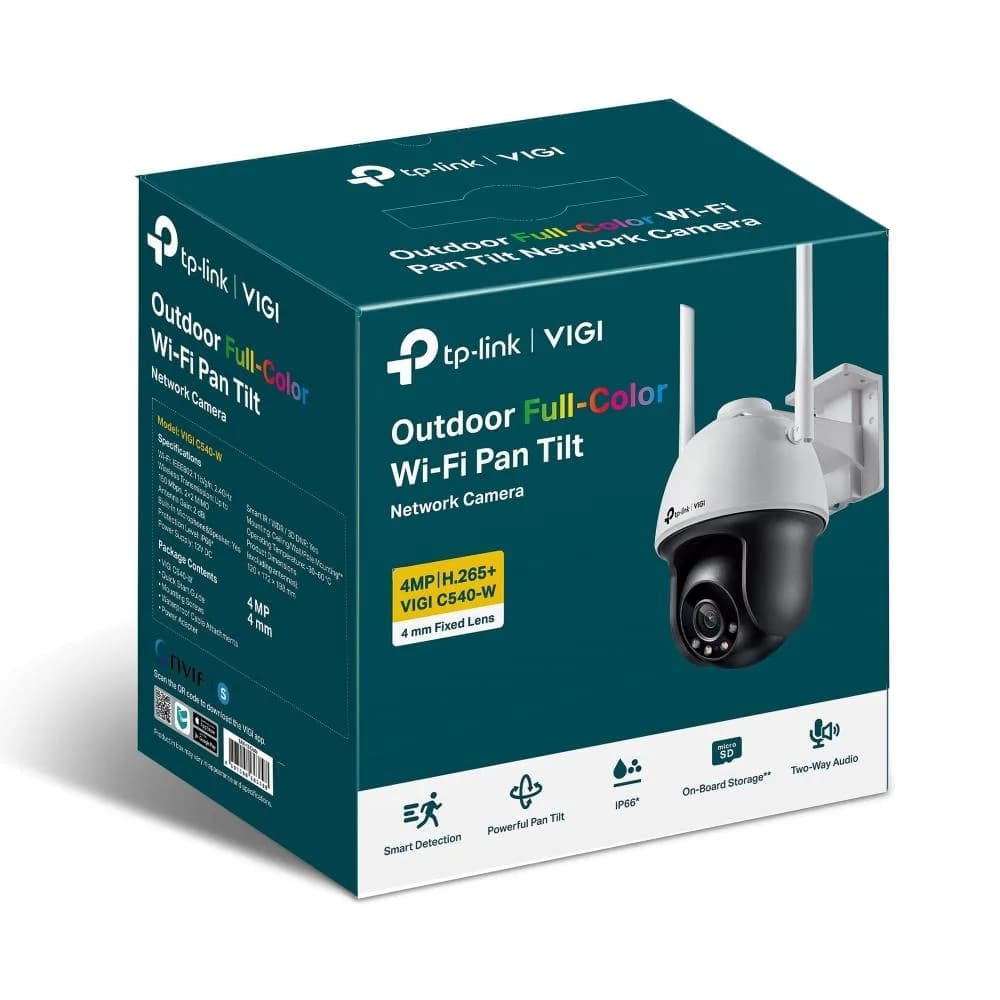 TP-LINK VIGI 4MP Outdoor PAN/TILT WI-FI Camera,VIGI C540-W(4mm),Senzor: 1/3", Lentila: 4mm, F1.6, Weatherproof: IP66, IR: 30m, Shutter speed: 1/3 to 1/10000 s, Unghi vizualizare: Orizontal: 79°, Vertical: 43°, Diagonal: 93°, Zoom digital, Rezolutie max: 2560 X 1440, Standarde wireless: IEEE — miniatură