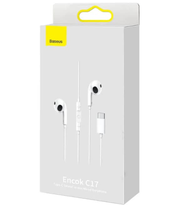 CASTI Baseus Encok C17, pt smartphone, control volum + microfon pe fir, conectare prin cablu USB Type-C, lungime cablu 1.1m, alb "NGCR010002" - 6932172604264 — miniatură