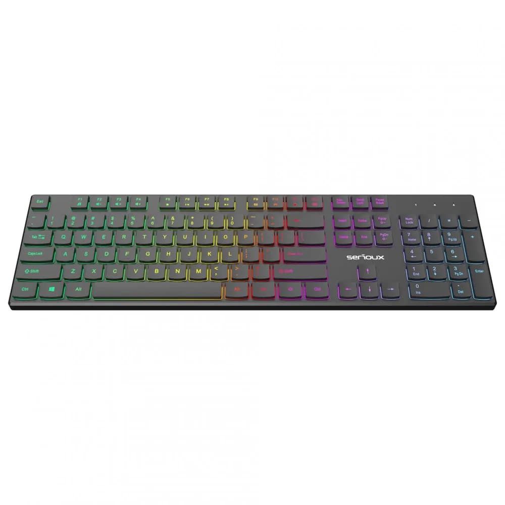 Tastatură office cu iluminare * Mod: USB cu fir * Număr tastă: 104 * Material: ABS * Culoare: Negru * Layout: SUA * Tip interfață: USB * Dimensiune: 438*126*26 mm * Compatibil cu Windows 2000/XP/Vista/Windows7/8/10/Mac — miniatură