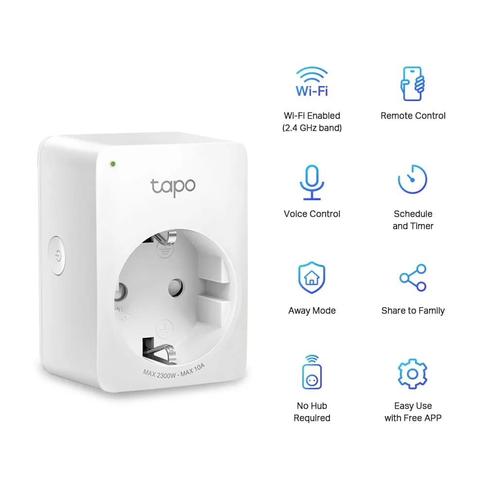 PRIZA inteligenta TP-LINK, Schuko x 1, conectare prin Schuko (T), 10 A, programare prin smartphone, Bluetooth, WiFi, alb "Tapo P100(4-pack)" — miniatură