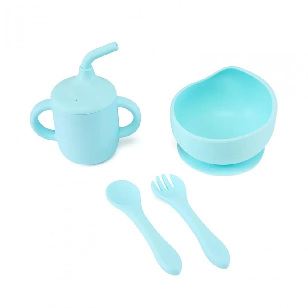 Set 4 piese diversificare din silicon: Cana cu pai, bol , lingurita si furculita, blue, U-Grow