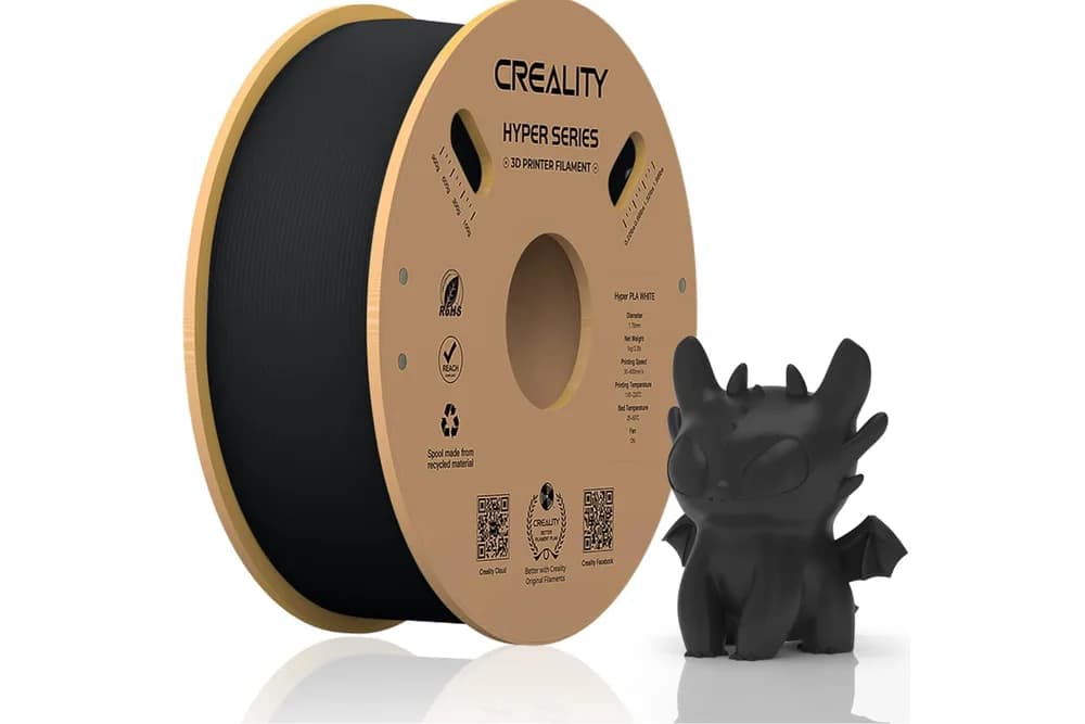 CREALITY HYPER PLA 3D Printer Filament, Black, Temperatura printare: 200-220 grade celsius, Diametru filament: 1.75mm, Tensile strength: 52.99MPa, Bending strenght:92.38Mpa Dimensiuni rola filament: Diametru 200mm, inaltime 70mm, gaura centrala 56mm, viteza printare: pana la 600mm/s