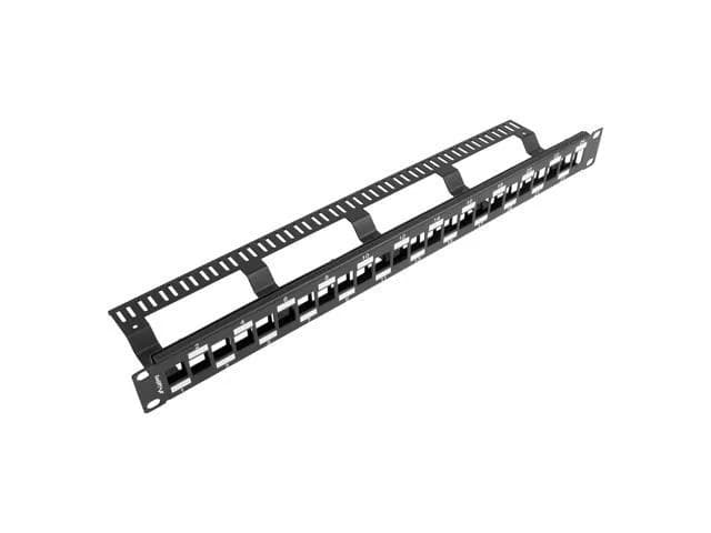 Patch panel gol 24 porturi 1U eșalonat cu organizator pentru module Keystone, negru — miniatură