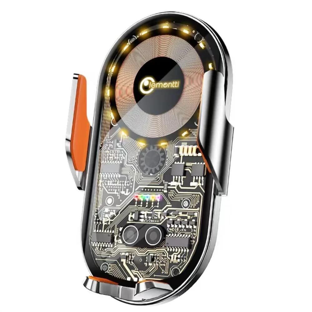 Lemontti Suport Auto cu incarcare Wireless, 15W, deschidere automata prin senzor infrarosu, prindere la ventilatie, cablu Type-C inclus, Transparent Negru — miniatură