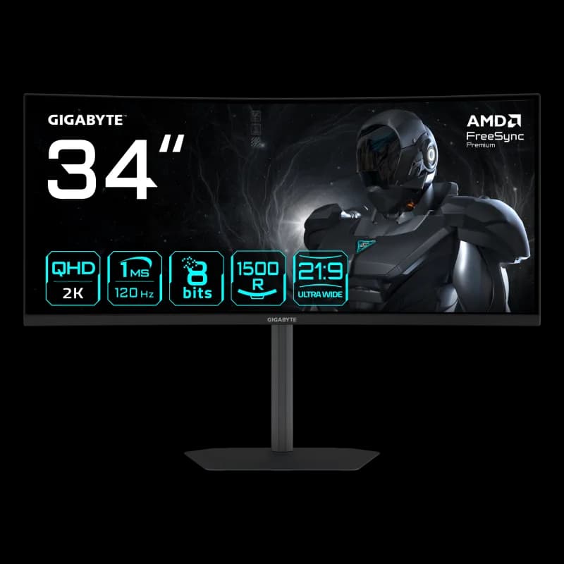 GIGABYTE GS34WQCA EK. Diagonala ecranului: 86,4 cm (34"), Rezoluția ecranului: 3440 x 1440 pixeli, Tip HD: Wide Quad HD, Tehnologie ecran: LCD, Timp de răspuns: 1 ms, Unghi de vizualizare orizontal: 178°, Unghi de vizualizare vertical: 178°. Montare VESA, Reglare înălțime. Culoarea produsului: Negru