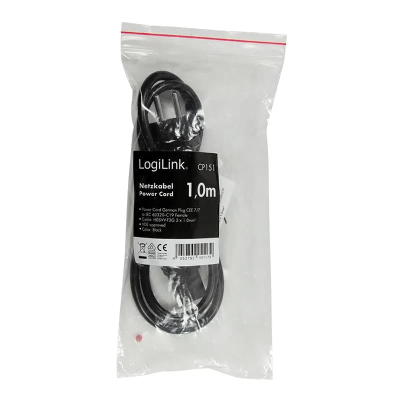 CABLU alimentare LOGILINK 1m, intrare Schuko, iesire C19, 16A, testat VDE, 3x1mm, black, "CP151" — miniatură