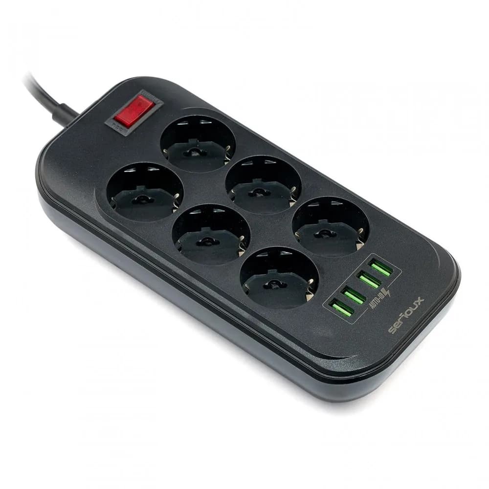 Prelungitor cu protectie Serioux, 6 prize schuko, input 100-240V, 50- 60Hz, output (Total): 2500W - 10A, 4 porturi USB, 4 porturi USB (5V- 3.1A) (Auto Max) 17W, Amperaj port USB (max) 3.4A, functie auto ID, antistatic, buton power/off, lungime cablu 2m,negru, SRXP-PS66B — miniatură
