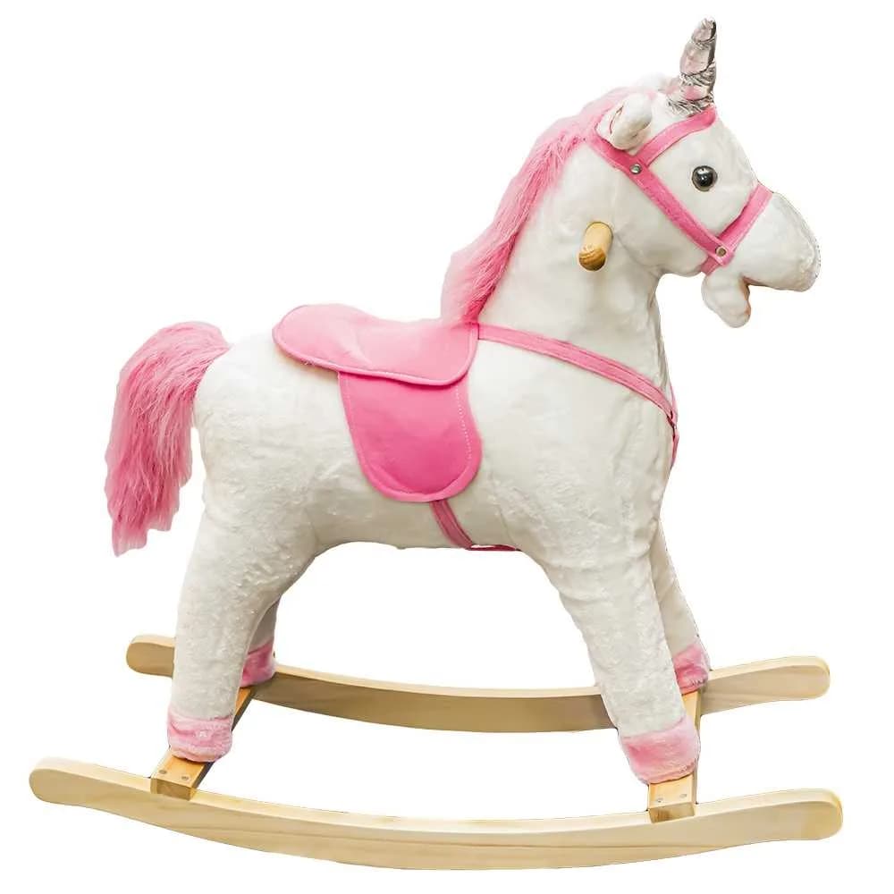 Unicorn balansoar, lemn + plus, roz, 78x28x68 cm — miniatură