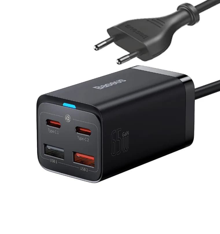 INCARCATOR retea Baseus GaN3 Pro, Quick Charge 65W, 2 x USB, 2 x USB Type-C, include cablu USB Type-C la USB Type-C 100W 1m, negru "CCGP040101" - 6932172600334