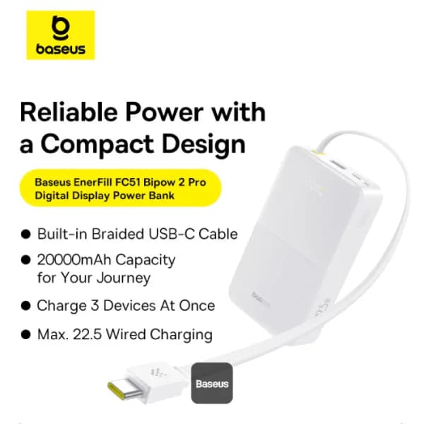 POWER BANK Baseus EnerFill FC51 Bipow2 Pro, 20000mAh, PD 22.5W, 1 x USB; 1 x cablu integrat USB Type-C, 1 x Type-C, digital display pt. status baterie,total 2.4A, alb "E0027700" - 6932172691882 — miniatură