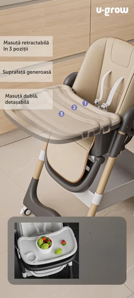 Scaun de masa cu inaltime reglabila, spatar ajustabil in 4 pozitii, pliabil, brown, U-Grow — miniatură