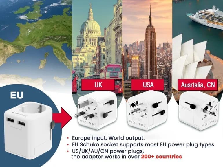 ADAPTOR GEMBIRD, universal, EU la conectori: US/UK/CN/AU, cu impamantare, 1x Schuko, 2x USB-A 12W, siguranta 10A, max. 2500W, alb, "TPA-EU2A12-01-W" — miniatură