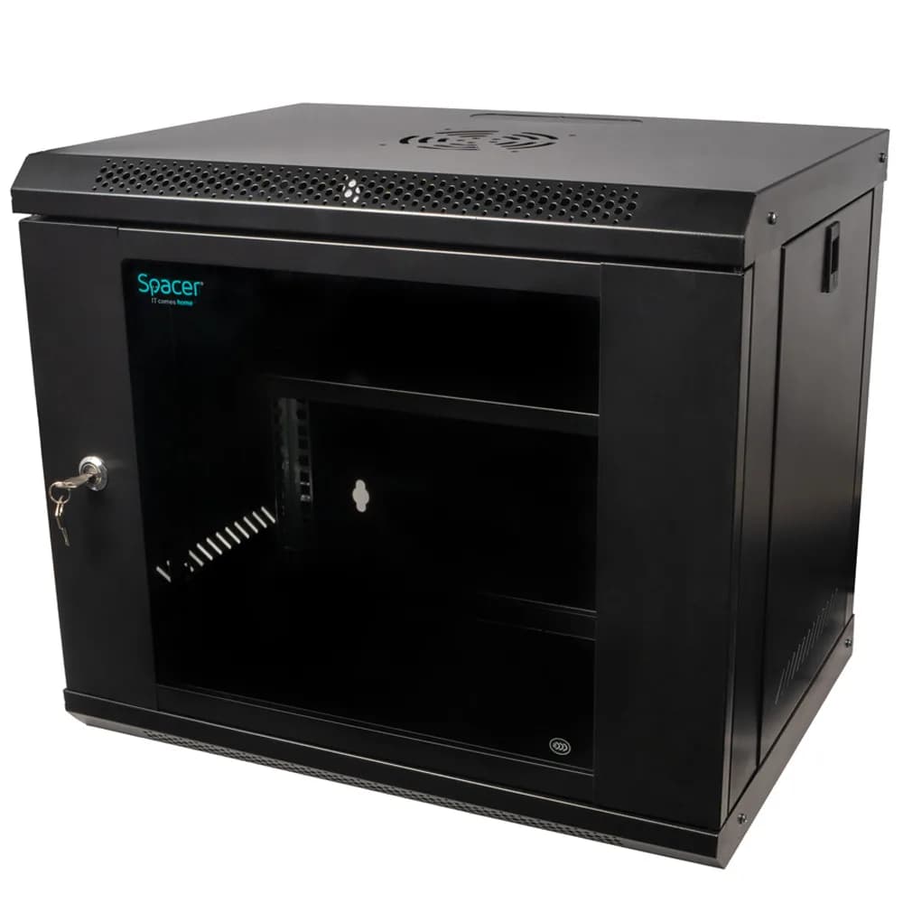 CABINET 19" SPACER 9U 500x400mm, fixare pe perete, Flatpack (dezasamblat), Black, usa sticla cu blocare, panouri detasabile, otel 1mm, sarcina maxima 25Kg, contine un raft, "SPCW-9U-400-BK-02"