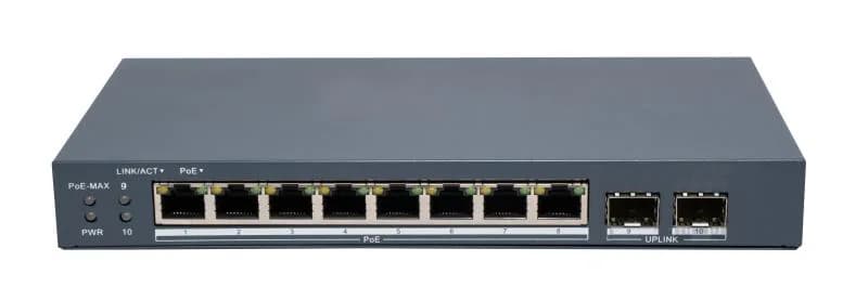 Switch PoE Hikvision DS-3E1510P-EI/M-8P2F: 8 × Gigabit PoE port,2 × Gigabit Fiber Optical port, 8 porturi PoE maxim 30W, buget PoE 80W, tensiune alimentare 54VDC, 1.6A, dimensiuni: 217.6 mm × 27.6 mm × 108.5 mm, greutate: 1.08kg, montare pe birou sau pe perete.