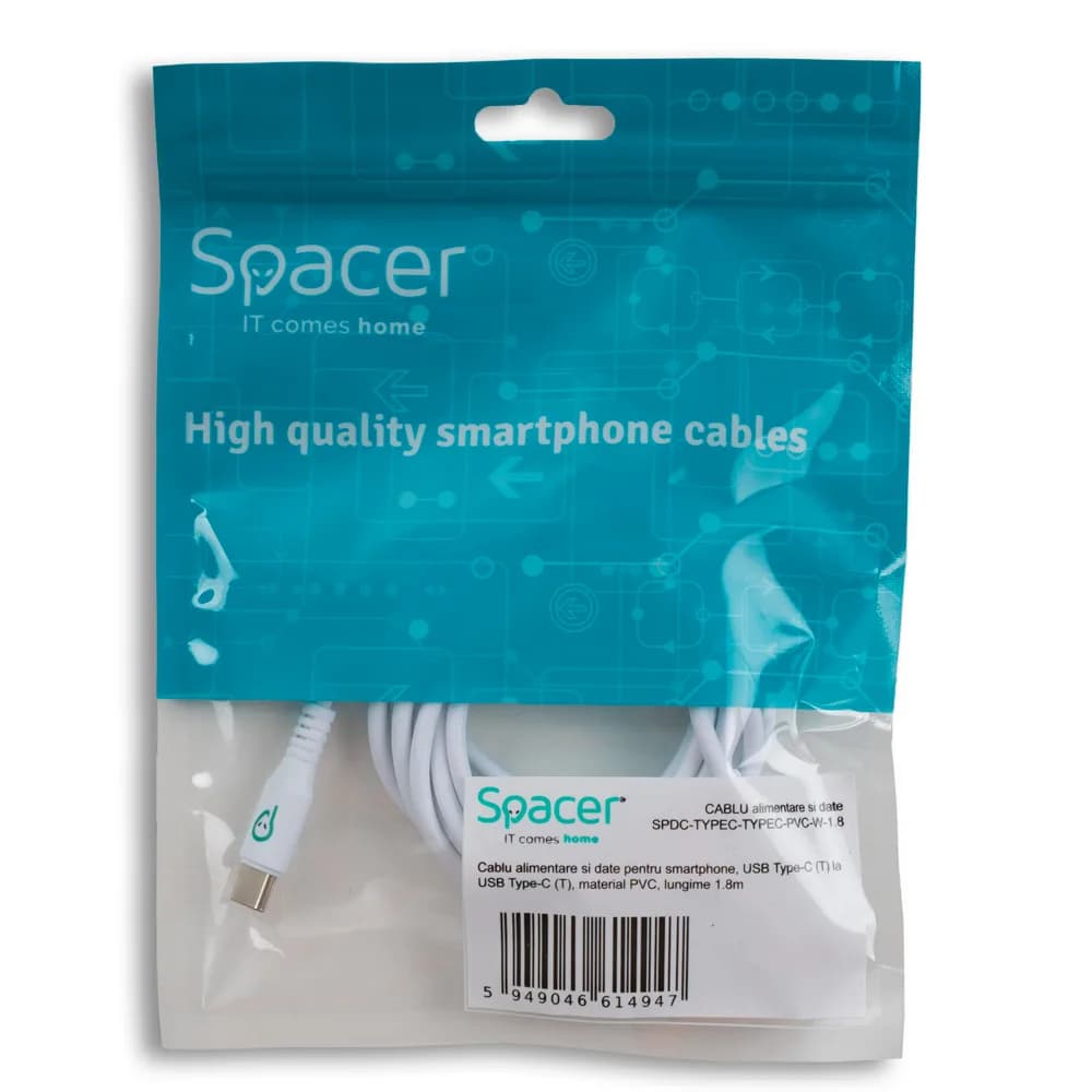 CABLU alimentare si date SPACER, pt. smartphone, USB Type-C (T) la USB Type-C(T), PVC, ambalaj punga, 1.8m, alb "SPDC-TYPEC-TYPEC-PVC-W-1.8" — miniatură