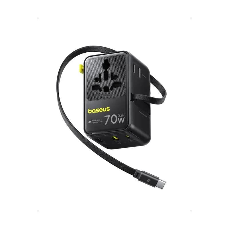 INCARCATOR retea Baseus EnerCore CG11, 70W, adaptor universal de retea, 2 x AC, 2 x USB, 2 x USB Type-C, cablu retractabil USB Type-C, negru "E0307E00" (include TV 0.18lei) - 6932172696474