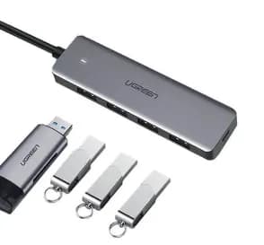 HUB extern Ugreen, "CM219" porturi USB: USB 3.0 x 4, conectare prin USB, material ABS, port micro USB 5V, lungime 15 cm, LED, gri, "50985" - 6957303859856 — miniatură