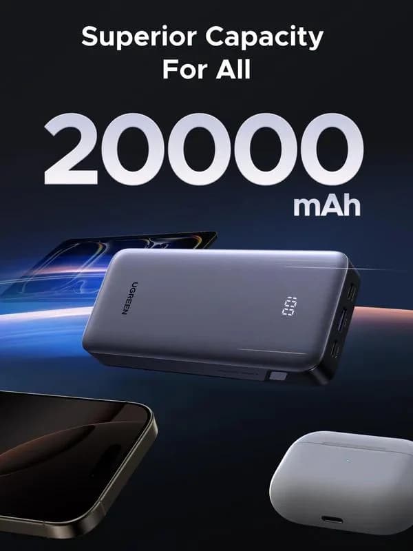 POWER BANK Ugreen, "PB532", 20000mAh, 30W, 2 x USB Type-C input/output, 1 x USB, display, gri, "55989B" — miniatură
