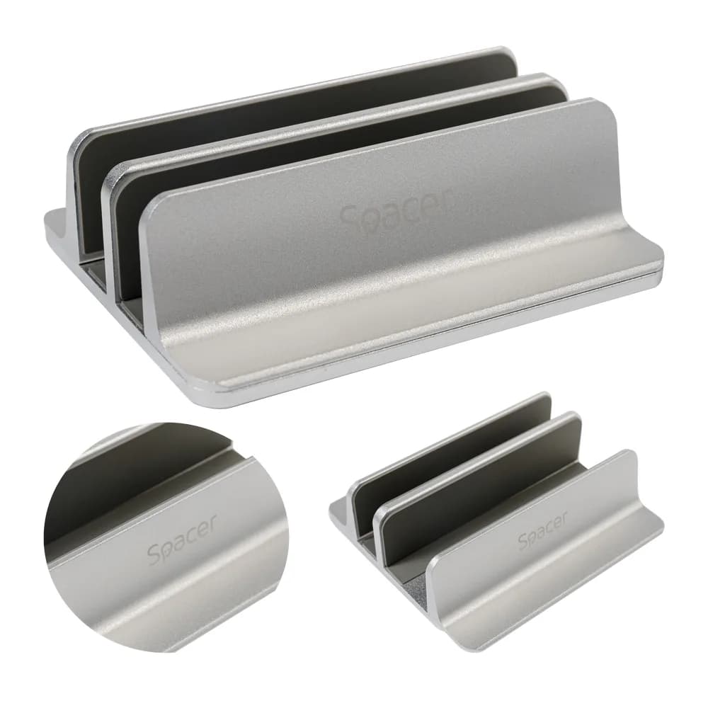 STAND SPACER vertical, notebook 14/17", dublu, protectie impotriva zgarieturilor, latime ajustabila, argintiu, aluminiu sablat, "SPS-Vertical" — miniatură