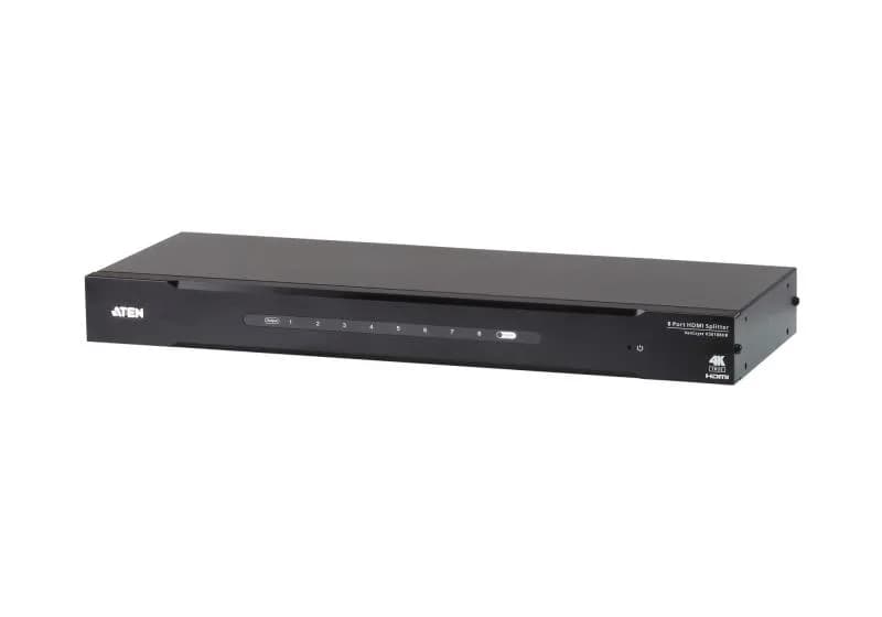 Splitter HDMI Aten VS0108HB; Video Type portul: HDMI, Iesire video: 8x HDMI. Rezoluţia maximă: 4096 x 2160 Pixel, Culoarea produsului: Negru, Material carcasă: Metal. Tensiune de ieşire: 5 V, Consum de energie (tipic): 11,95 W. Lățime: 157,8 mm, Adâncime: 437,2 mm, Înălţime: 44 mm. Lăţime de