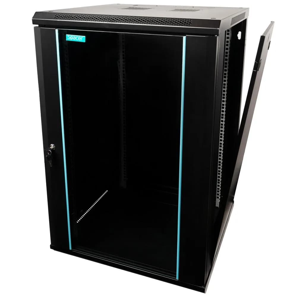 CABINET 19″ SPACER 18U 600x600mm, fixare pe perete, Flatpack (dezasamblat), Black, usa sticla cu blocare, panouri detasabile, otel 1.5mm, sarcina maxima 60Kg — miniatură