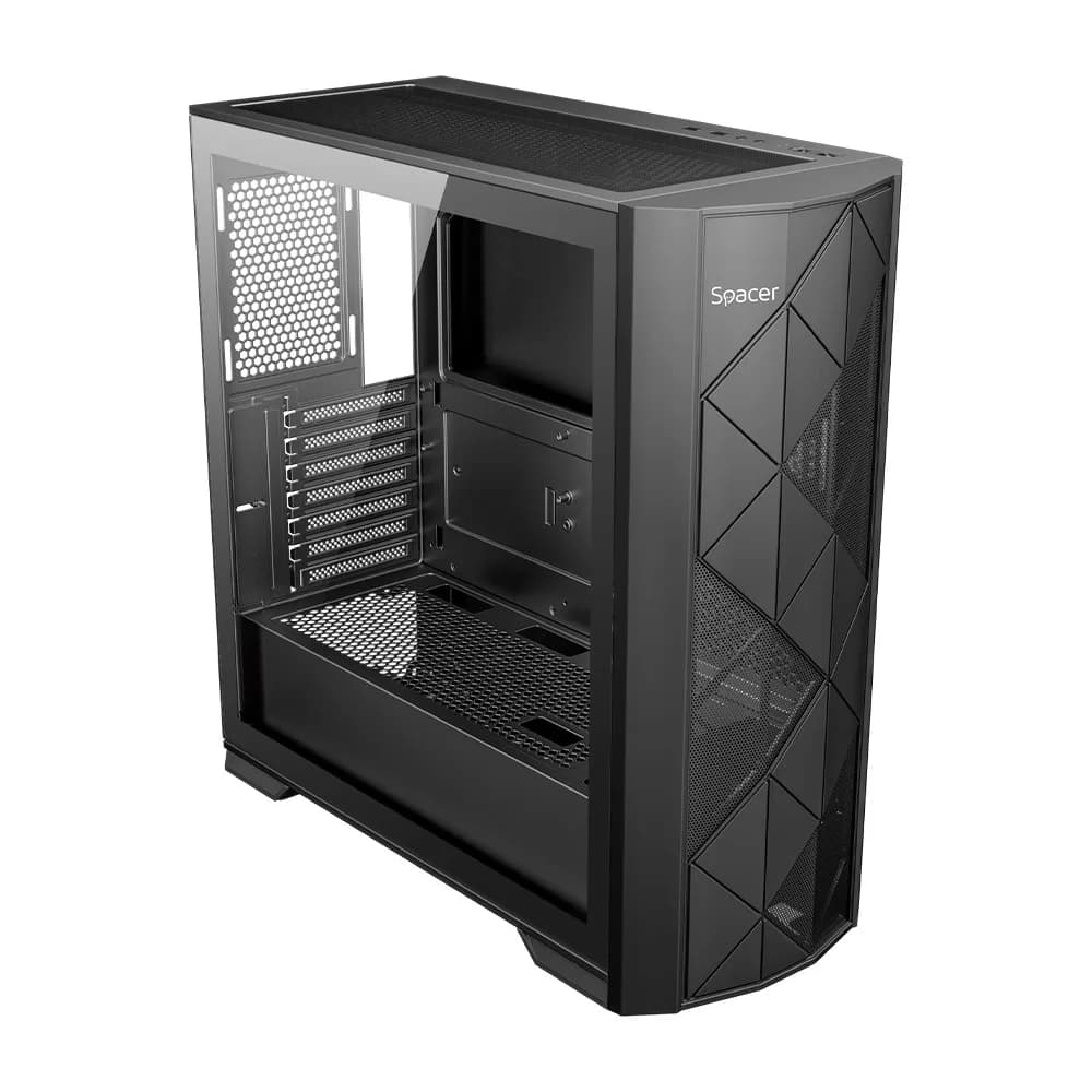 CARCASA SPACER - gaming, Middle Tower, ATX, "INFINITY", fara sursa, sticla securizata, USB 3.0 x 1, USB 2.0 x 1, HD-Audio, Jack 3.5mm x 1, PSU shroud, black "SPCS-GC-INFINITY" — miniatură