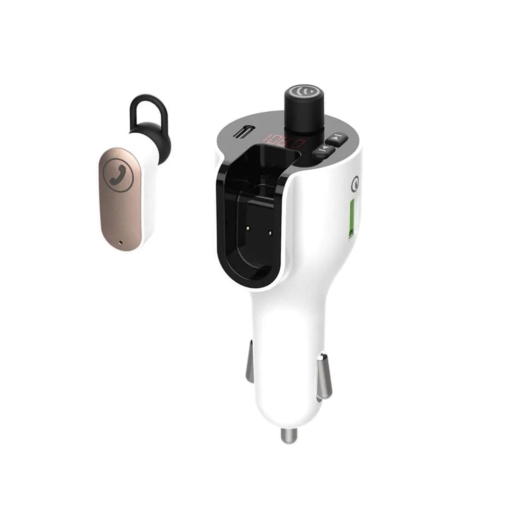 Modulator auto FM Spacer cu casca Bluetooth 5.0, earphone 30mAh, 12V-24V,alb — miniatură