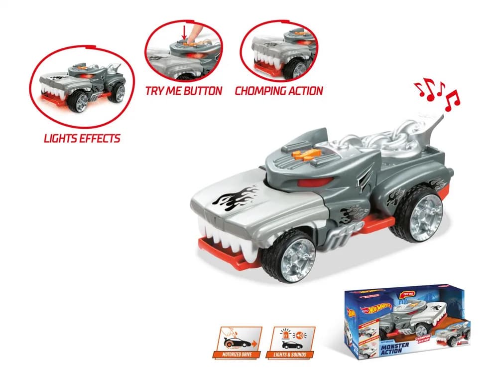 MASINA CU LUMINI SI SUNETE, MONSTER ACTION-HOTWEILER, HOT WHEELS — miniatură