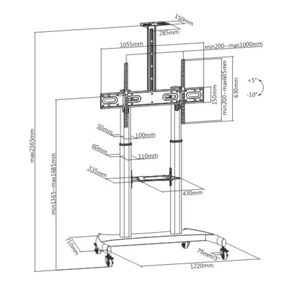 Stand TV mobil Serioux TV610TW 60"-100", dimensiuni: 1220x710x2045~ 2365mm, compatibilitate dimensiune ecran: 60"-100", compatibilitate VESA: 400x400, 600x400, 800x400, 800x600, 900x600, 1000x600, Greutate maximă suportata: 100 kg, interval de înclinare: +5°~-10°, interval de înălțime: 1365~1685mm — miniatură