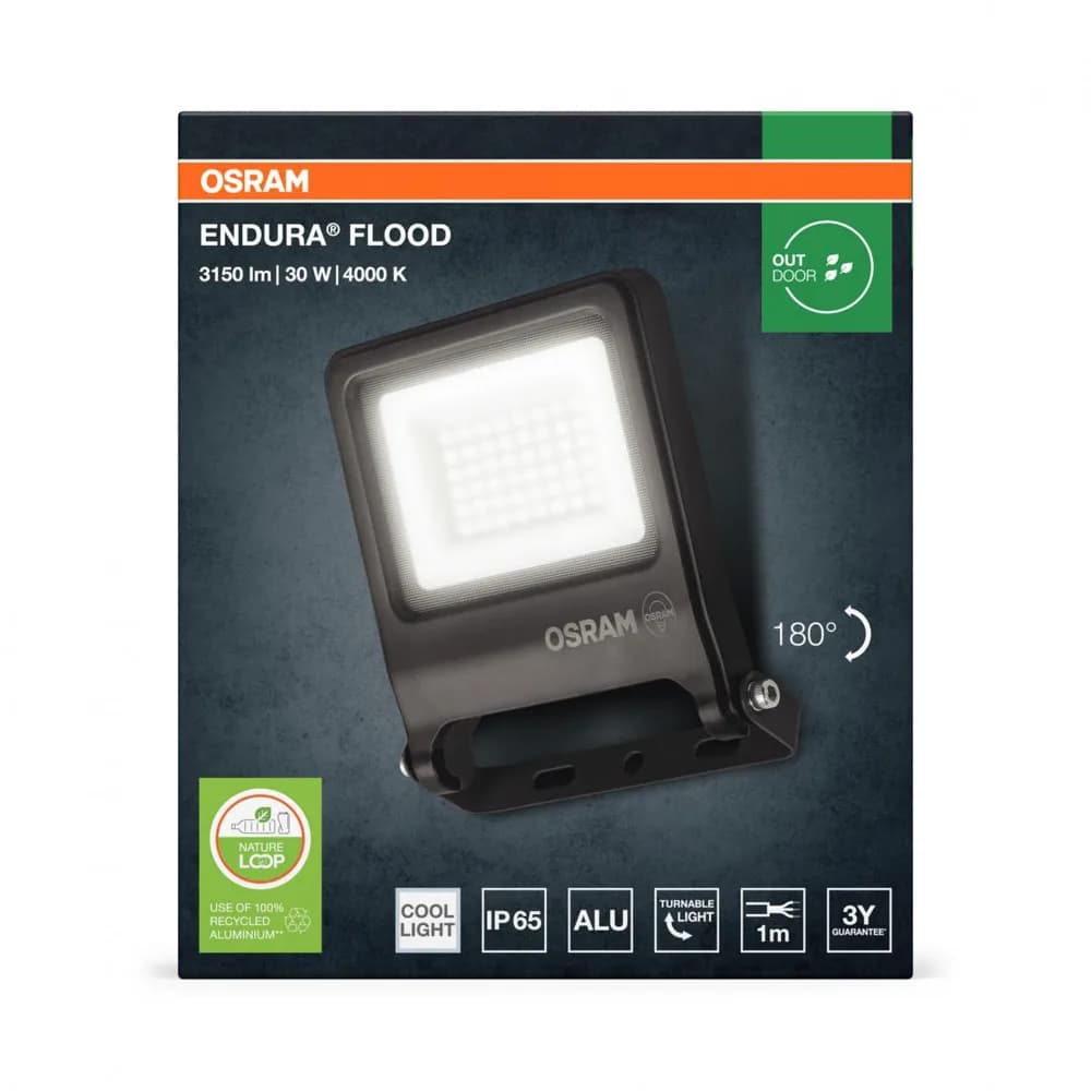 Proiector LED OSRAM ENDURA FLOOD, 30W, 220-240V, 2700 lm, lumina neutra(4000K), IP65, 193x170x39mm, aluminiu, Gri