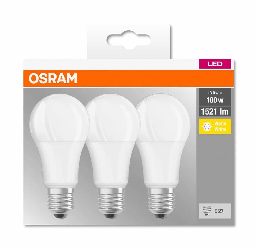 3 Becuri LED Osram Base Classic A, E27, 13W (100W), 1521 lm,luminacalda(2700K)