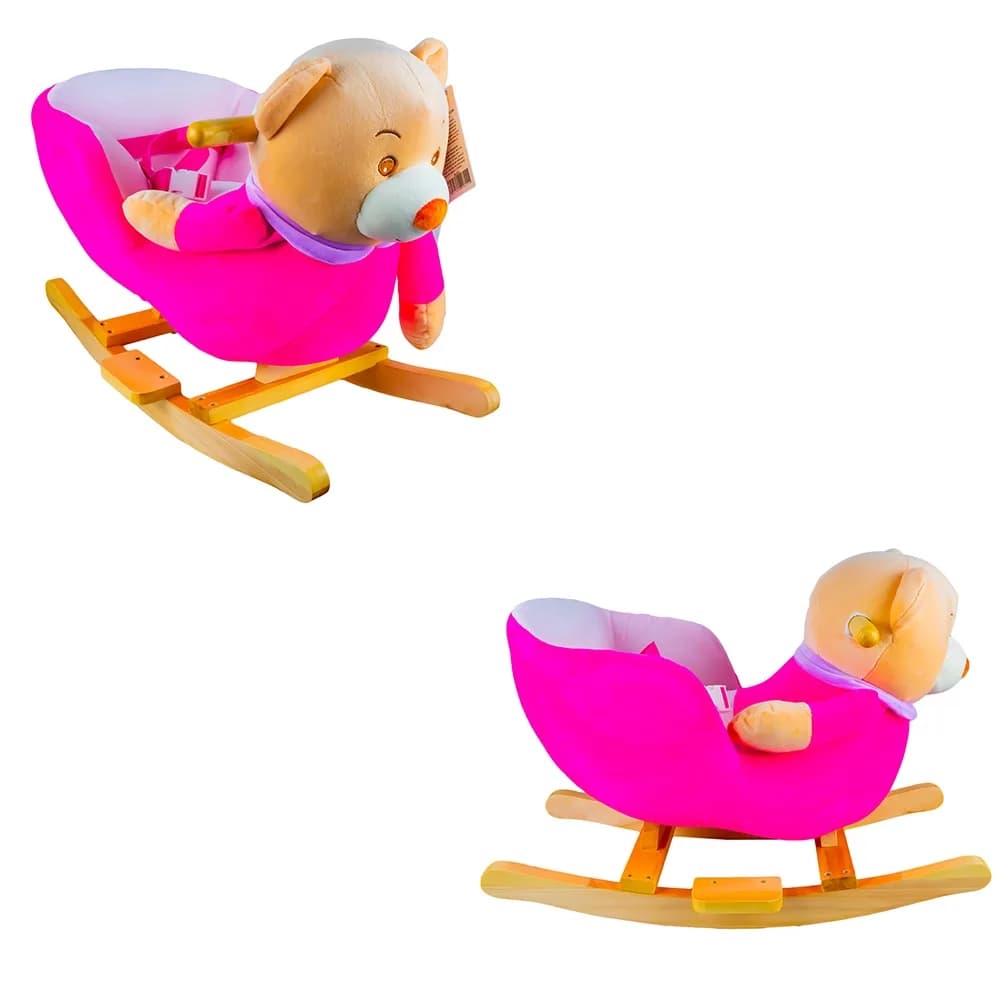 Balansoar pentru bebelusi, Ursulet, lemn + plus, roz, 60x34x45 cm — miniatură
