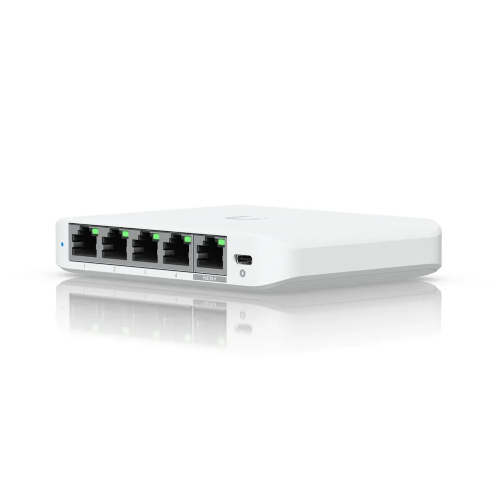 Ubiquiti 5-port 2.5G switch that can be powered with PoE or a USB-C adapter; 4x 2.5 GbE ports, 2.5 GbE PoE input port for power "USW-FLEX-2.5G-5-EU" — miniatură