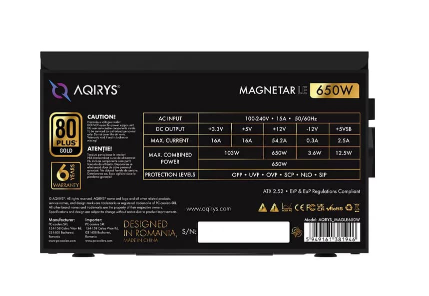 Sursa AQIRYS Magnetar LE, 80 PLUS Gold, 650 W — miniatură