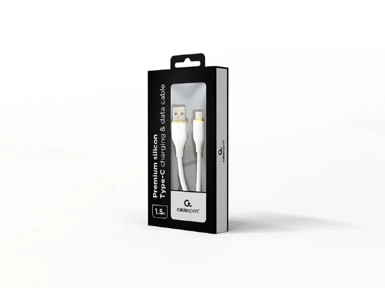 CABLU alimentare si date GEMBIRD, pt. smartphone, USB 2.0 (T) la USB 2.0 Type-C (T), 1.5m, protectie silicon, alb, "CC-USB2S-AMCM-1.5M-W" — miniatură