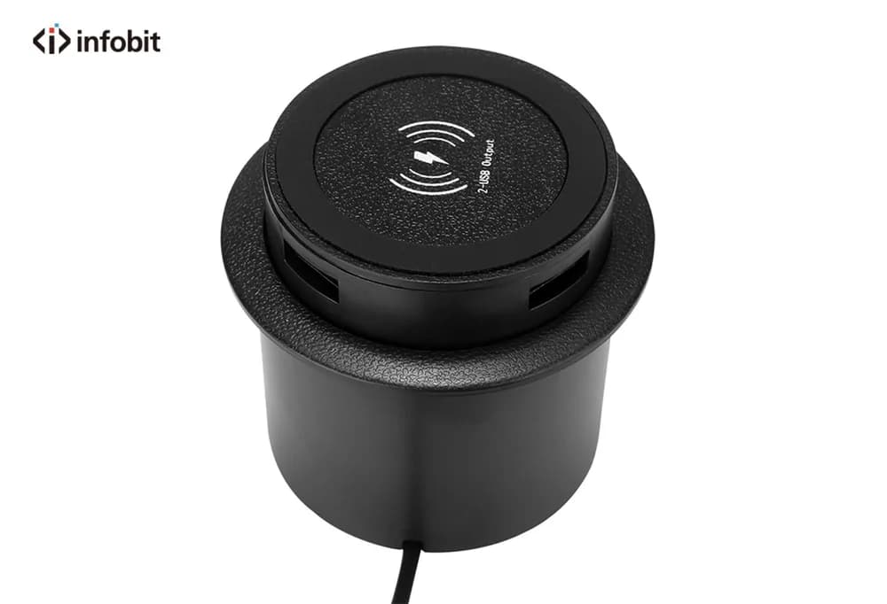 Incarcator de masa pop-up 3-in-1, Infobit iMeeting W60, wireless si 2 porturi USB, Ø 60 mm