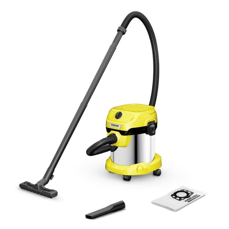 Kärcher V-15/4/18. Maximum input power: 1000 W. Type: Drum vacuum, Cleaning type: Dry, Dust container type: Dust bag, Dust capacity: 15 L. Vacuum air filtering: HEPA, Dirt separating method: Filtering. Product colour: Stainless steel, Yellow