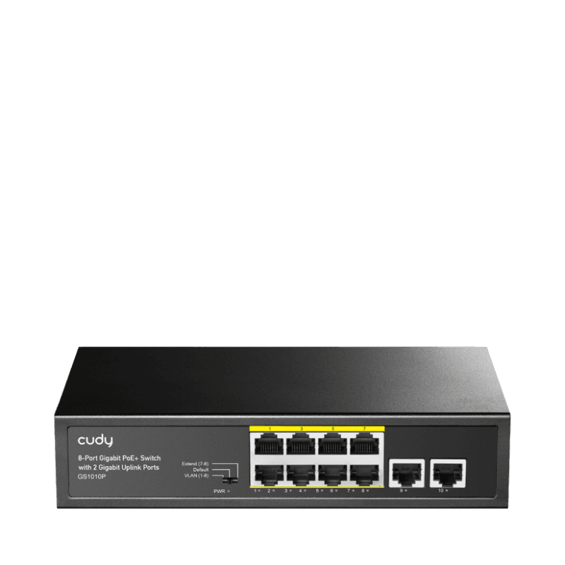 CUDY Switch Unmanaged PoE+, 8x porturi RJ-45 10/100/1000M PSE +2x porturi RJ45 10/100/1000 Uplink, VLAN ON/OFF, Extend ON/OFF, Watchdog ON/OFF，,standard 802.3af/at, Aternative 1/2(+),3/6(-), Rack-mountable Steel Case, sursa interna de 120W