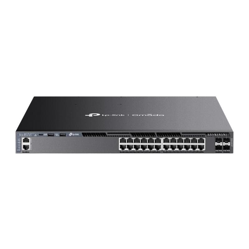 TP-Link Switch 24 porturi, Management L3, POE+, 4 porturi 10G SFP,Interfata: 24× 10/100/1000 Mbps PoE+ RJ45 Ports, 4× 10G SFP+, 2× USB 2.0, 1× RJ45 Console Por, 1× USB Type-C Console Port, 1× RJ45 Management Port, Buget POE: 720W, 24 x 30W, Dimensiuni: 440 × 420 × 44 mm, Montare in rack, Capacitate