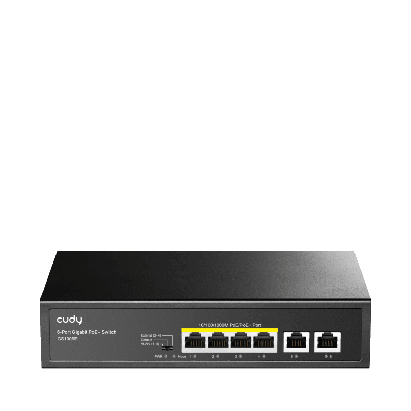 CUDY 6-Port 10/100/1000M PoE+ Switch, 4-Port 10/100/1000 BASE-T Gigabit PoE+ ports, 2-Port 10/100/1000 BASE-T Gigabit Uplink ports,  802.3at/af, VLAN mode support for port #1 ~ #4, Extend mode support for port #3 ~ # 4, Fanless, ±4KV Surge Protection,Watchdog, 65W internal